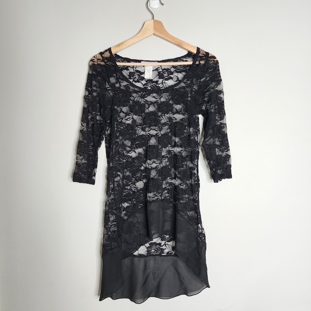 Body Central Black Lace Outer Dress Chiffon Hem Size M Whimsigoth Dark Romantic
